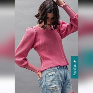 Free People ONE Pink Long Sleeve Ribbed Tee - Women's Puff Sleeve Top